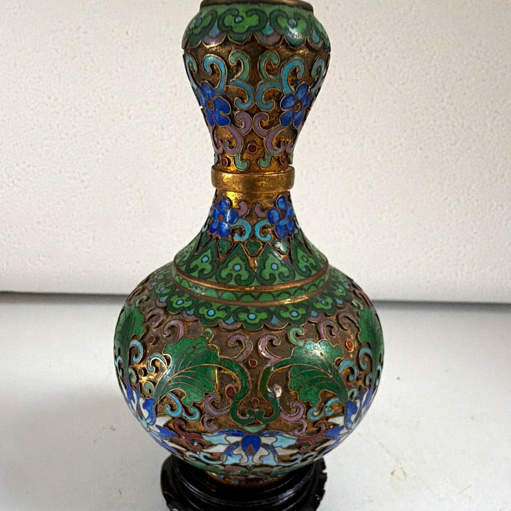 Asian Cloisonne-Style Enamel Floral Bottle Vase w/ Stand Green Blue Brown Gold